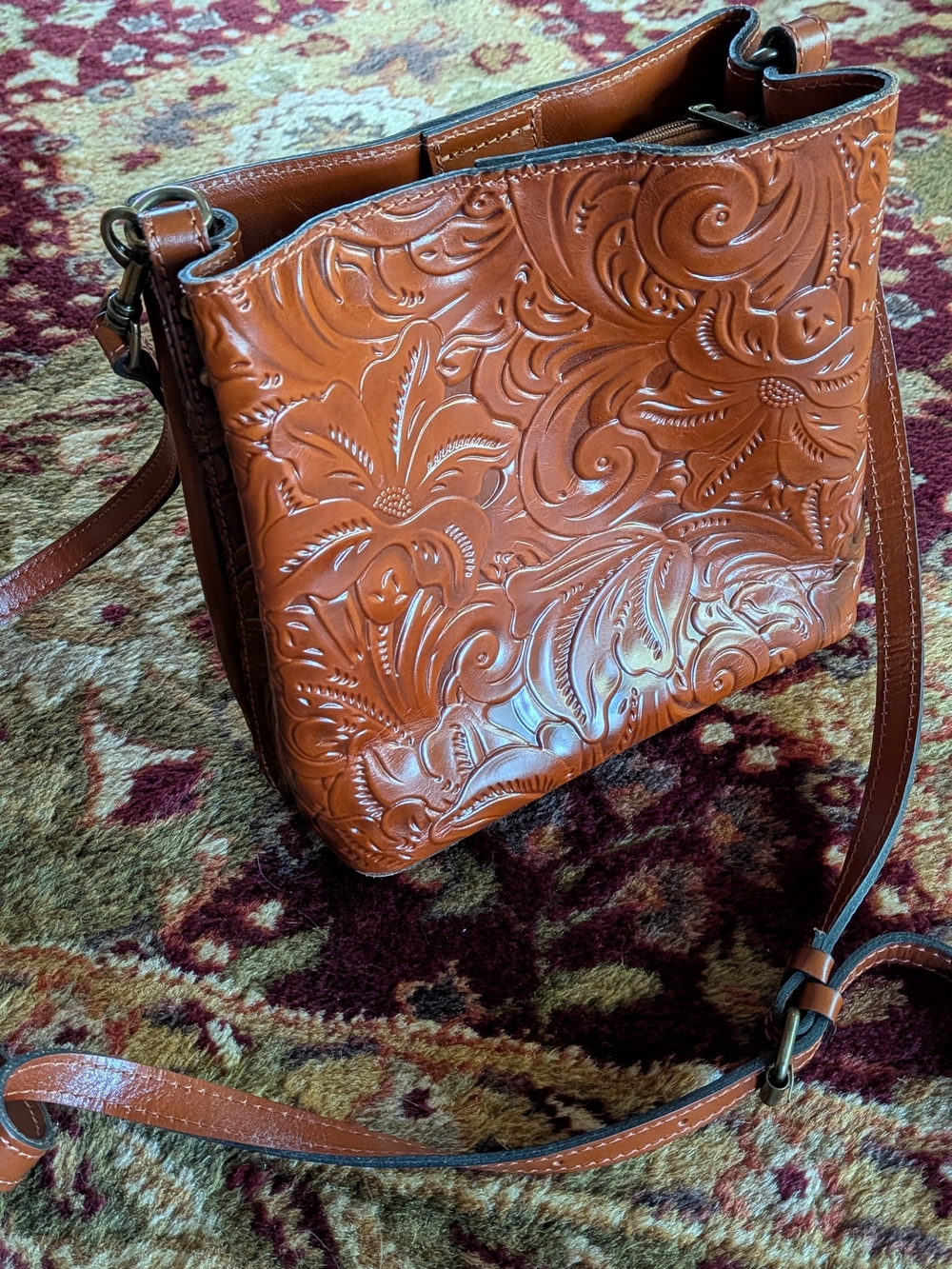 Patricia Nash Embossed Leather Crossbody in Cognac Brown - NEW w/o Tags.